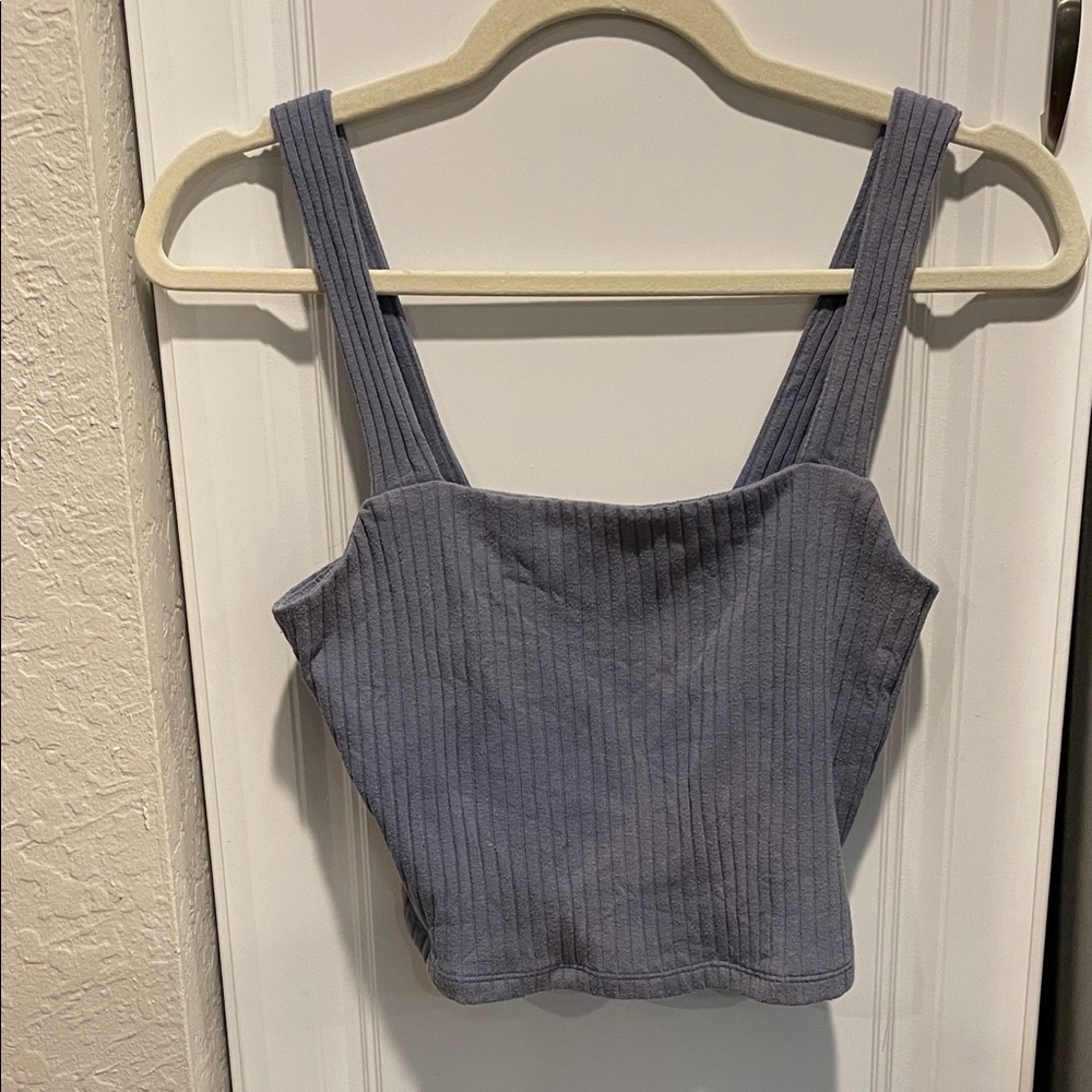 American Eagle Outfitters Ribbed Square-Neck Tank Top - Dusty Blue